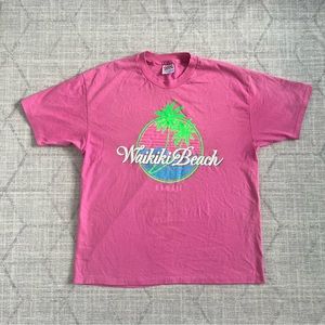Vintage 1990s Hanes Waikiki Beach Hawaii Neon Pink Casual Single Stitch Shirt